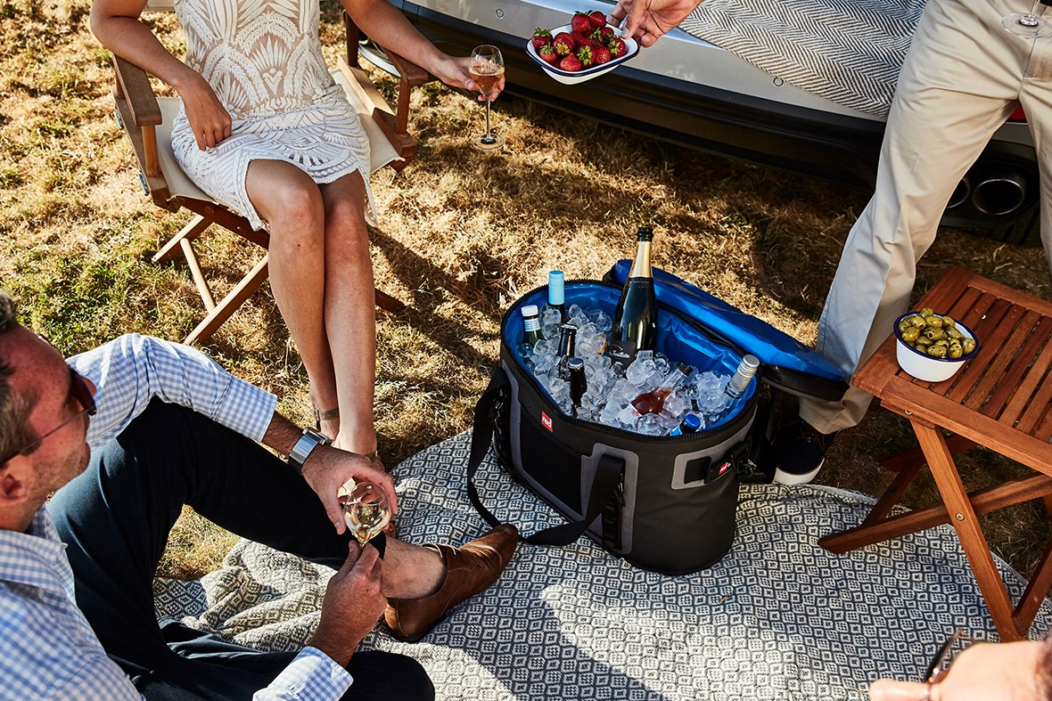 red originals picnic bag on floor with people sitting around it