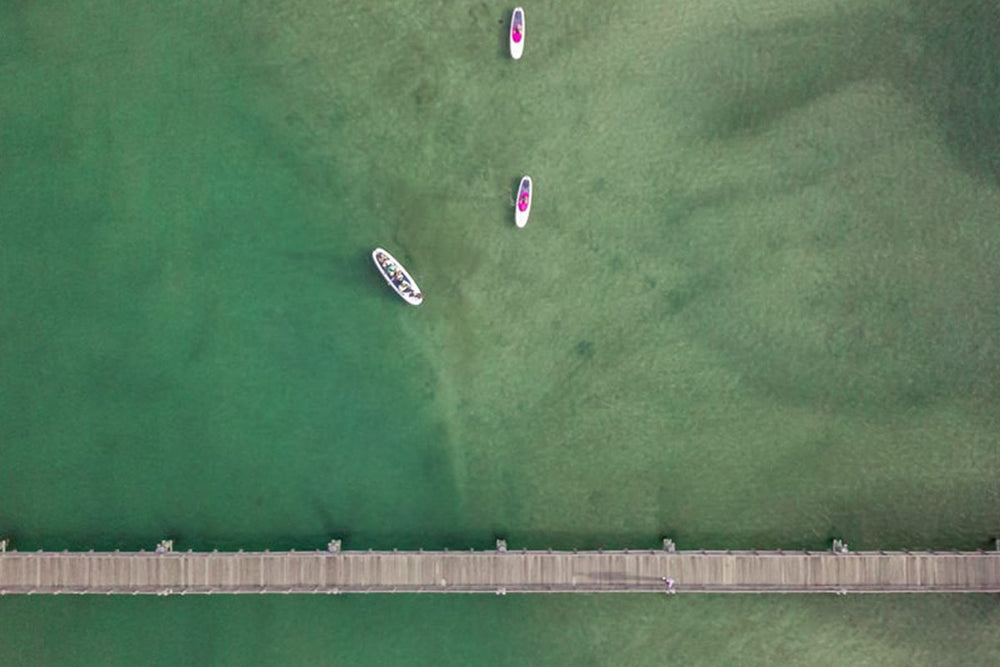 Three paddle boarders on a large green lake, Group of women practicing yoga on the beach at sunrise, shavanasna pose on a sup on water, Paddle boards on the water by a a house edge, Women on paddle boards, Group of paddle boarders on a lake