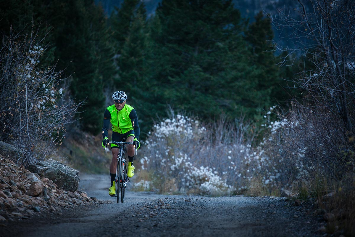 Man riding his bike on the road on an icy day