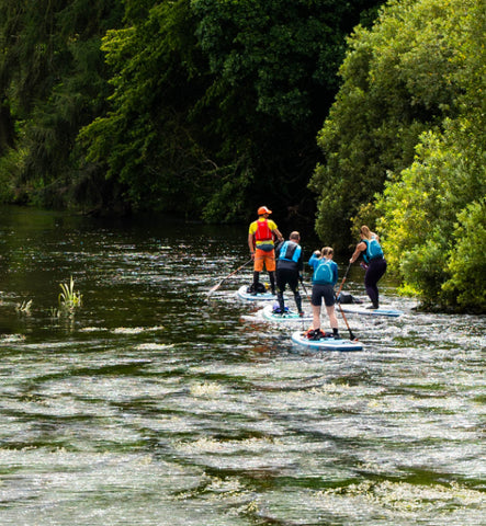 4 people paddleboarding on the River Trent surrounded by trees