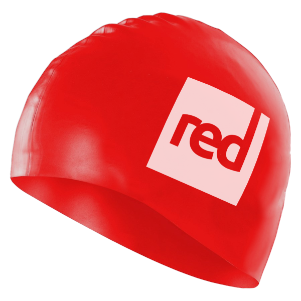 Red silicone swimming cap hat with 'Red' logo