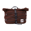 A dark brown waterproof roll-top crossbody bag with black straps and a reflective 'red' brand logo patch.